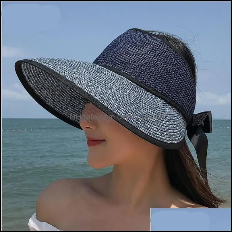 Women`s Straw Visor Sun Hat Girl Summer Beach Caps Wide Brim Cap Foldable Sun Visors for Women Roll Up Adjustable Shade Hat Lady Sunhat