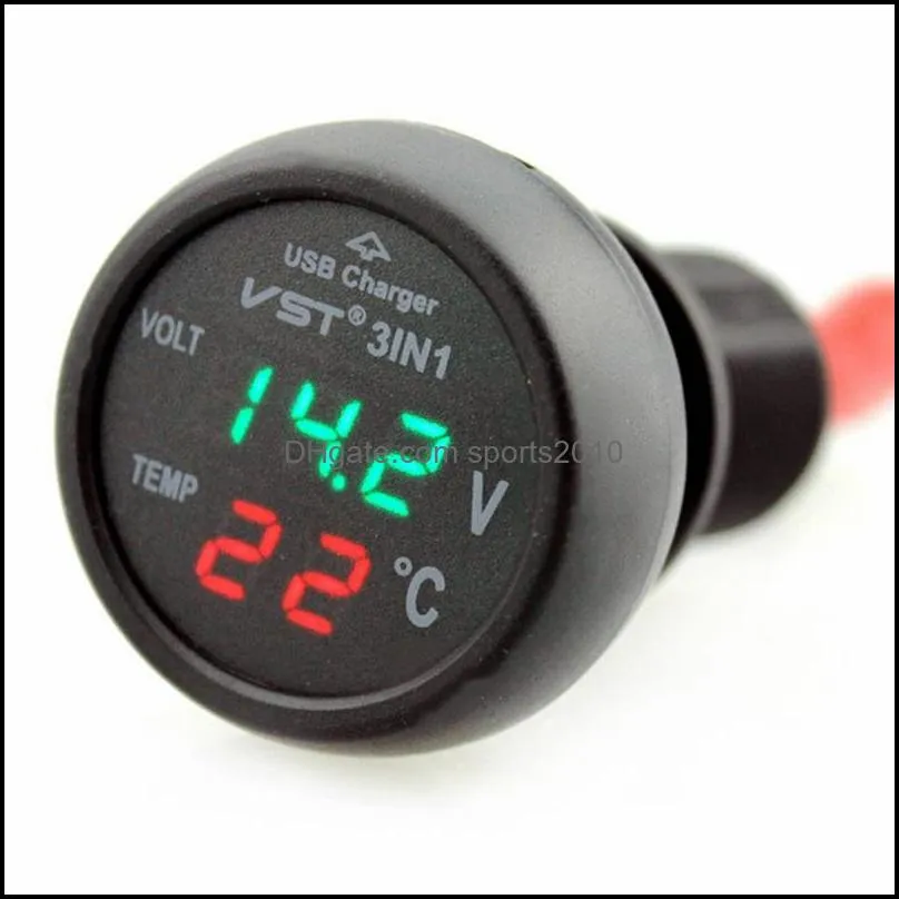 Guaranteed 100% 3in1 Digital Voltmeter USB output 5V 2.1A Thermometer 12/24V Cigarette Lighter USB Car 