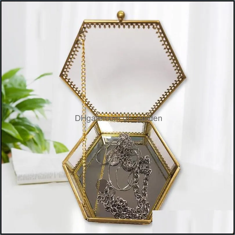 jewelry pouches bags ornate gold brass vintage glass box lace edged- hexagon geometric display organizer keepsake case homejewelry
