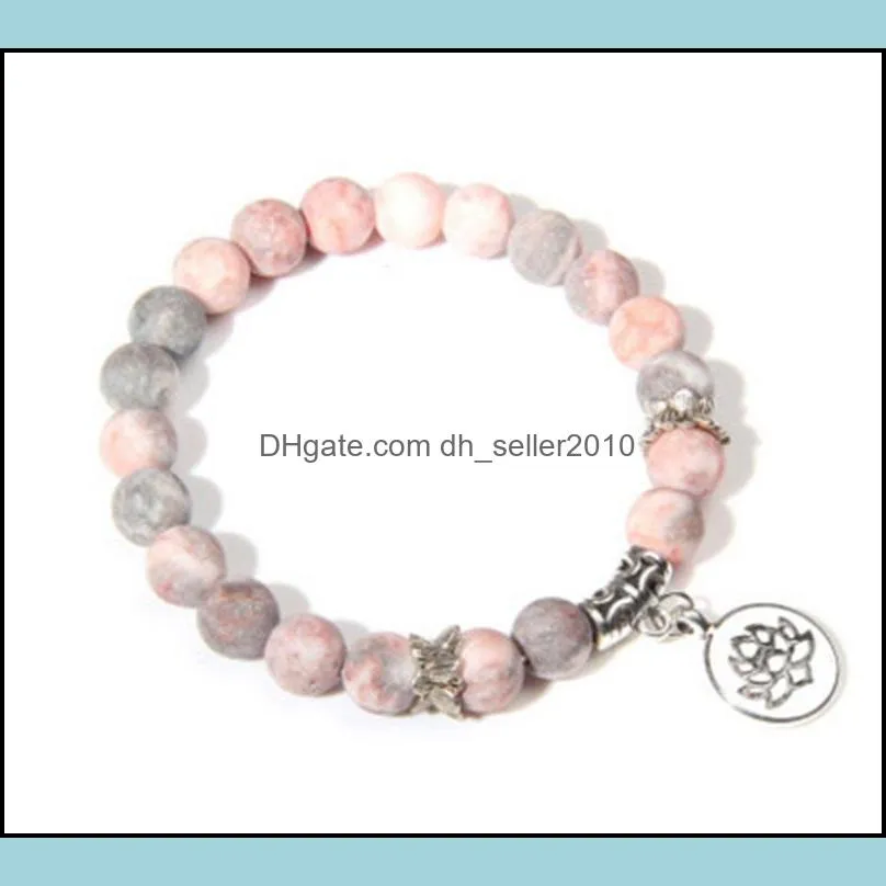 handmade natural stone lotus ohm buddha beads bracelet 19cm pink zebra stones lotus charm bracelets bangles women men jewelry gifts