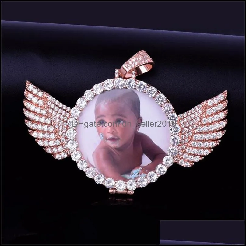 custom made photo with wings medallions necklace & pendant free rope chain gold silver color cubic zircon men`s hip hop