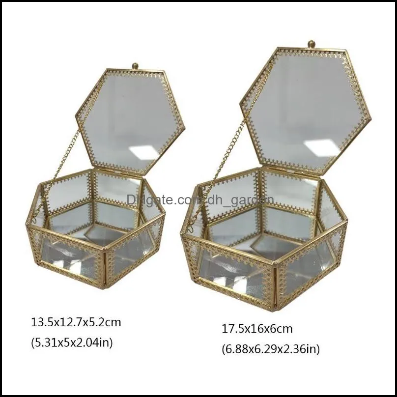 jewelry pouches bags ornate gold brass vintage glass box lace edged- hexagon geometric display organizer keepsake case homejewelry