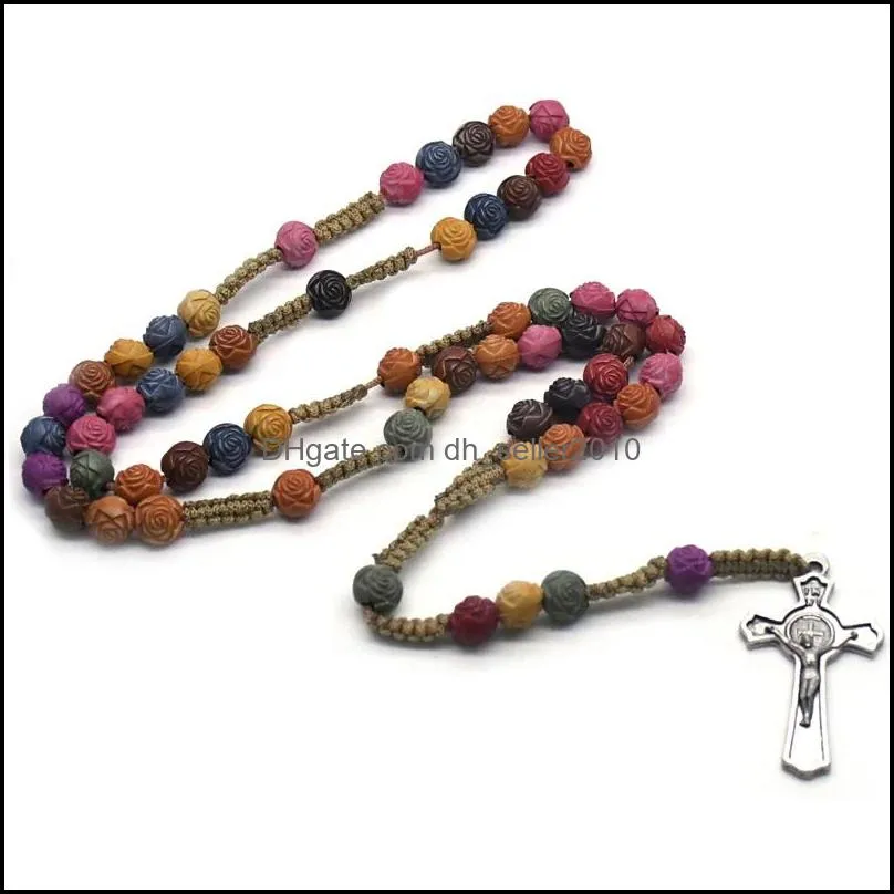 rose bead colored cross rosary necklace christ jesus religious handmade christian prayer jewelry 581 z2