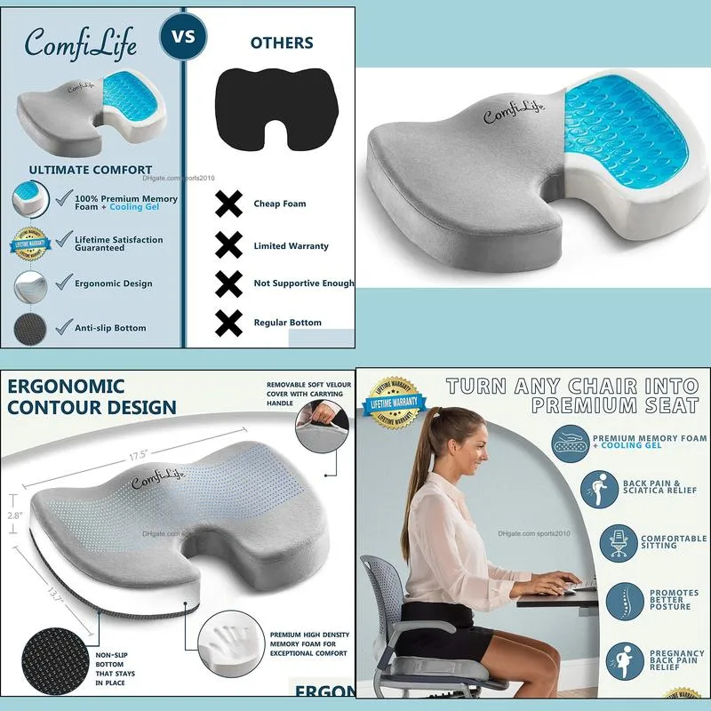 Office Chair Car Gel Enhanced Seat Cushion - Non-Slip Orthopedic Gel & Memory Foam Coccyx Cushion for Tailbone Sciatica & Back Pain