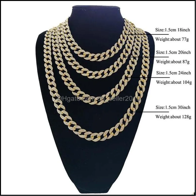 iced out bling rhinestone chains silver golden finish cuban link chain necklace 15mm mens hip hop necklace jewelry 16 18 20 24inch 637