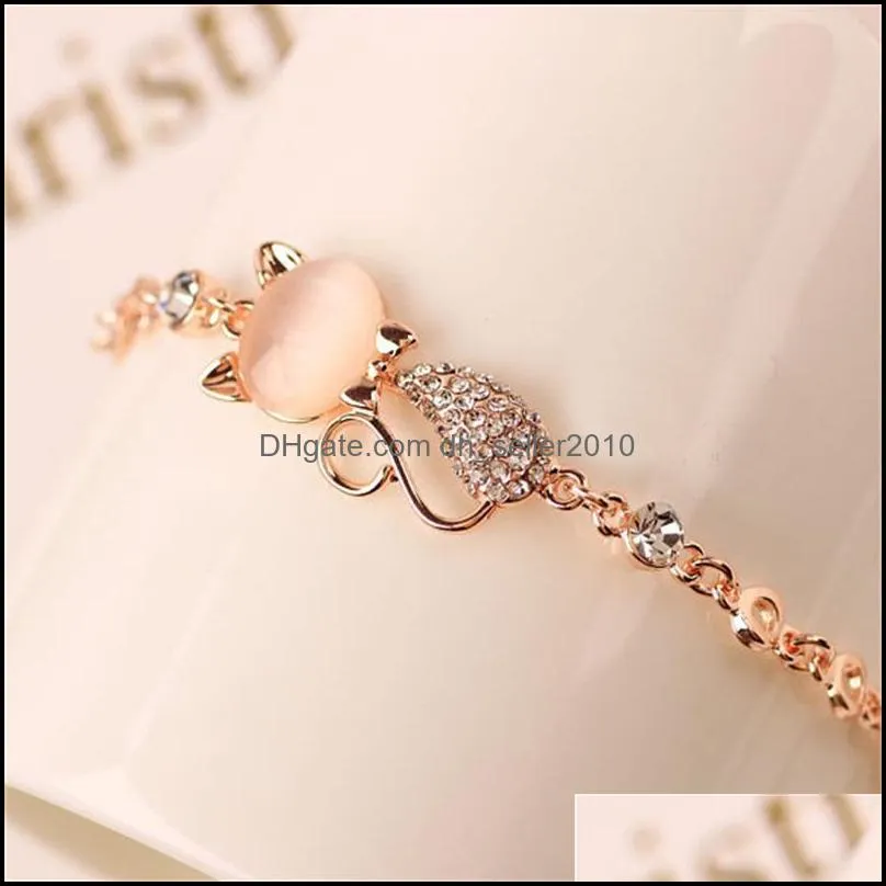 rose gold alloy lovely cat bracelets for women femme children girl gift jewelry charms crystal opals rhinestone bangle chain 1198 q2