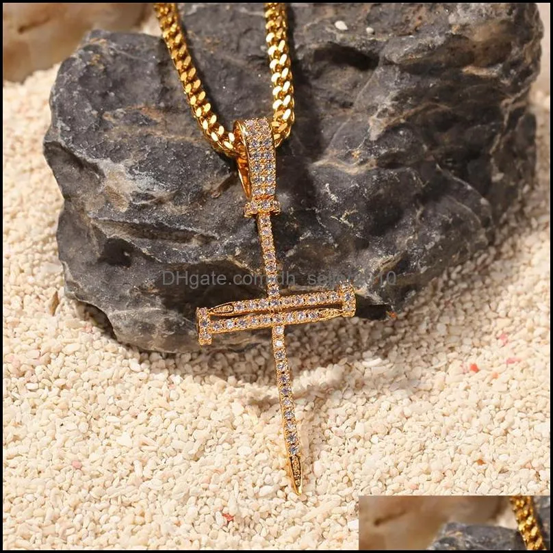 hip hop gold silver iced out cross pendant necklace for mens jewelry with stainless steel  cuban link or twist chain necklaces 1284