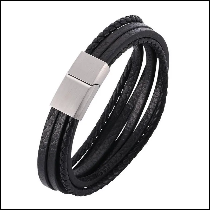 charm bracelets fashion multilayer braided leather bracelet men jewelry stainless steel magnetic clasps bangles male wristband pd505