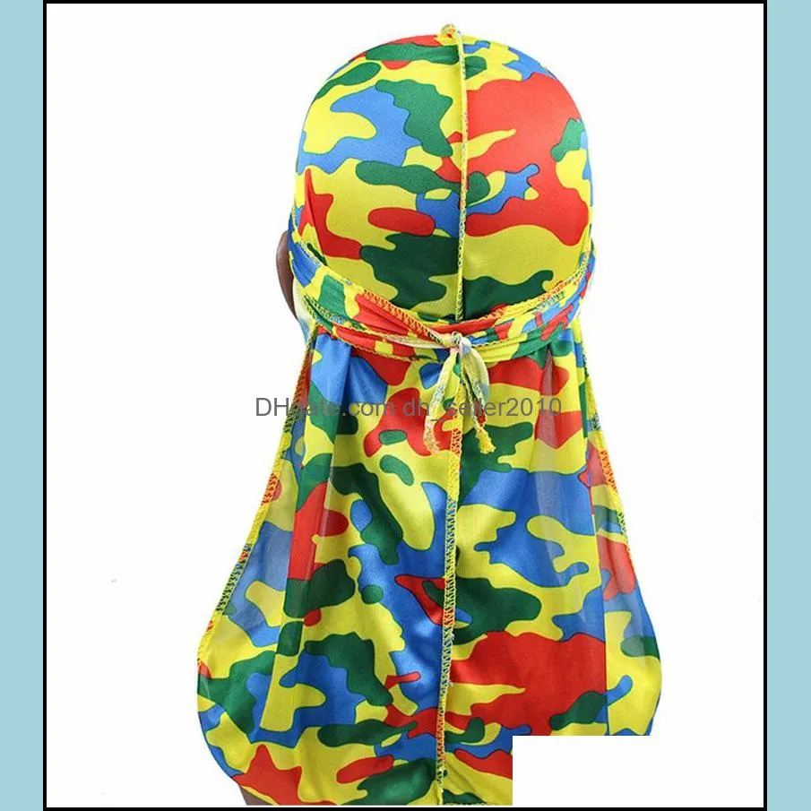 miltary camouflage silky durag cap colorful premium 360 waves long tail silky durags hiphop caps