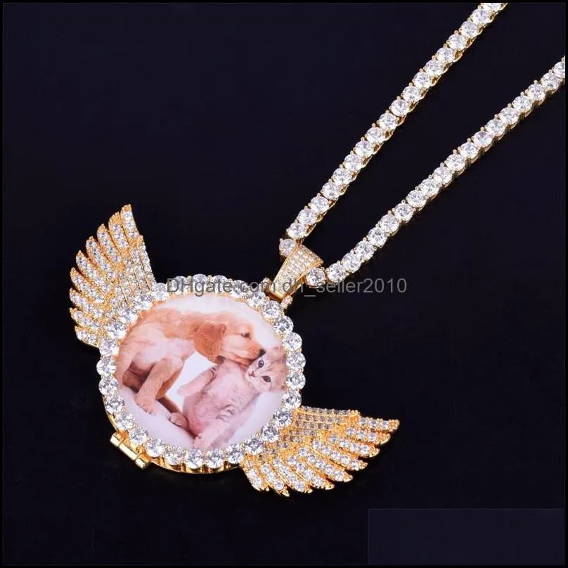 custom made photo with wings medallions necklace & pendant free rope chain gold silver color cubic zircon men`s hip hop