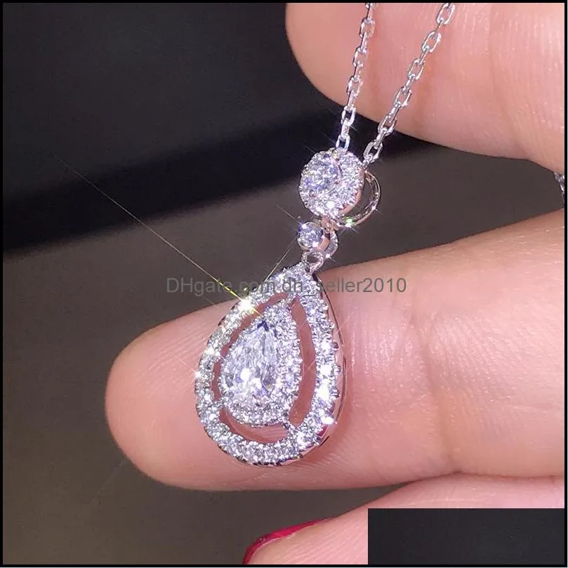 victoria sparkling luxury pendant jewelry 925 sterling fill drop water white topaz pear cz diamond women pendants chain necklace