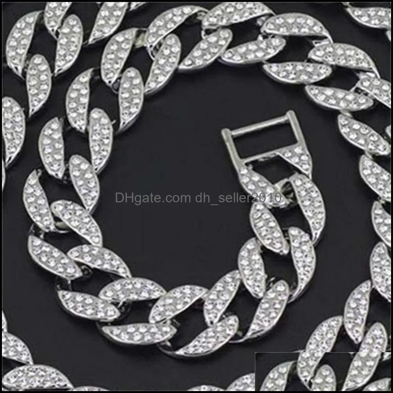 iced out bling rhinestone chains silver golden finish cuban link chain necklace 15mm mens hip hop necklace jewelry 16 18 20 24inch 637