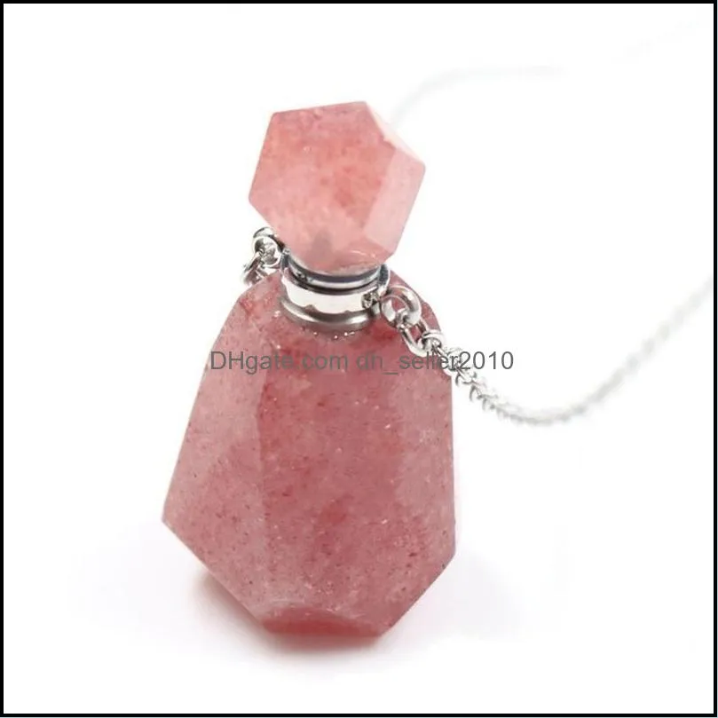 natural strawberry quartz gold silvery perfume bottle pendant necklace for women crystal  oil diffuser bottle jewelry 808 r2