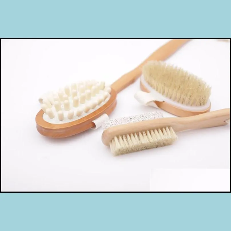 natural boar bristles body brush exfoliating back massage pumice stone foot brush dry remove dead skin 3pcs/set