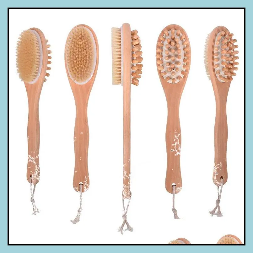 double side body brush body scrub exfoliating back bath brush with boar bristles wooden massage brushing dry remove dead skin