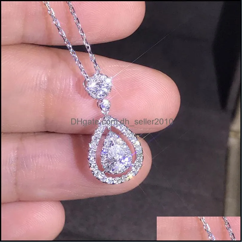 victoria sparkling luxury pendant jewelry 925 sterling fill drop water white topaz pear cz diamond women pendants chain necklace