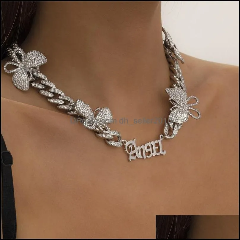 shiny rinestone butterfly choker necklace cute angel letter necklace chunky crystal collar women jewelry gift