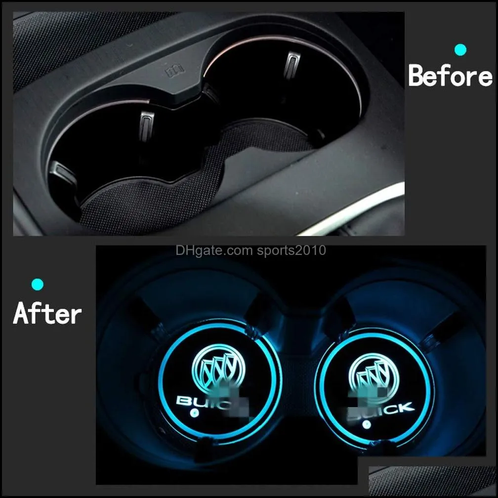 2pcs LED Car Cup Holder Lights for Buick, 7 Colors Changing USB Charging Mat Luminescent Cup Pad, LED Interior Atmosphere Lamp