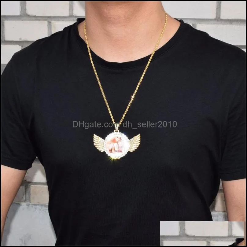 custom made photo with wings medallions necklace & pendant free rope chain gold silver color cubic zircon men`s hip hop