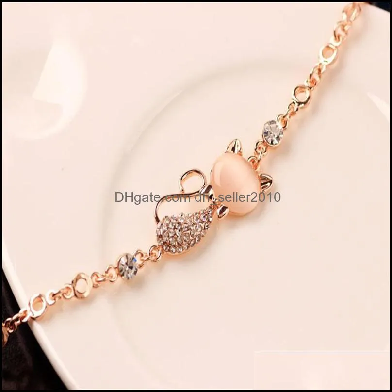 rose gold alloy lovely cat bracelets for women femme children girl gift jewelry charms crystal opals rhinestone bangle chain 1198 q2