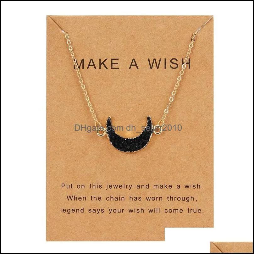 fashion druzy stone moon necklace with make a wish card resin gold pendant chains for women luxury jewelry gift 160 o2