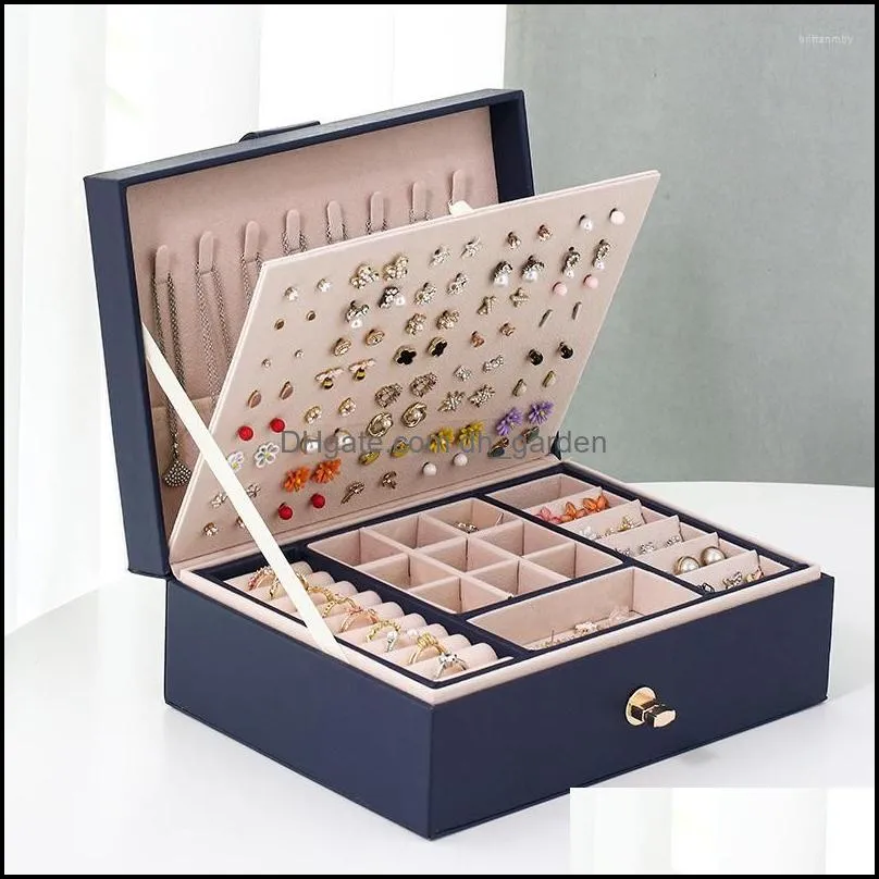 jewelry pouches pu leather double - layer ear stud storage box arge capacity 3 colors with lock organizer