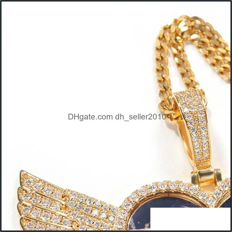 18k gold plated custom made photo wings heart shape medallions necklace pendant 4mm tennis chain cubic zircon men`s hiphop jewelry