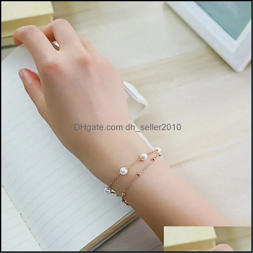 double layer pearl bracelet simple and sweet rose gold plated titanium no fading