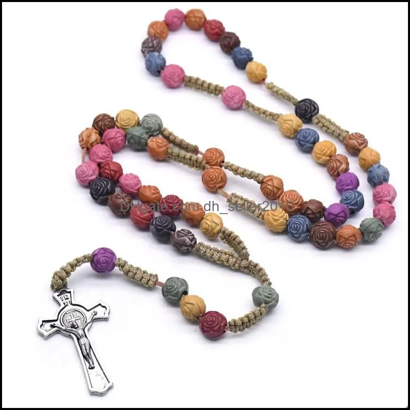 rose bead colored cross rosary necklace christ jesus religious handmade christian prayer jewelry 581 z2