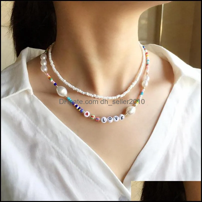 bohemian colorful beads chain love letters necklace for women short choker beaded pearl necklaces jewelry christmas gift 2pcs/set 371