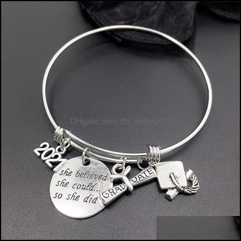 wholesale graduation gift stainless steel wire adjustable expandble bangle 2021 graduation charm bracelets graudaters gift jewelry 90