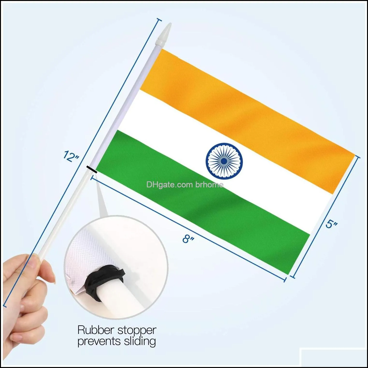 Banner Flags India Mini Flag Hand Held Small Miniature Indian On Stick Fade Resistant Vivid Colors 5X8 Inch With Solid Pole Sp Brhome