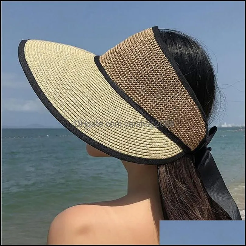 Women`s Straw Visor Sun Hat Girl Summer Beach Caps Wide Brim Cap Foldable Sun Visors for Women Roll Up Adjustable Shade Hat Lady Sunhat