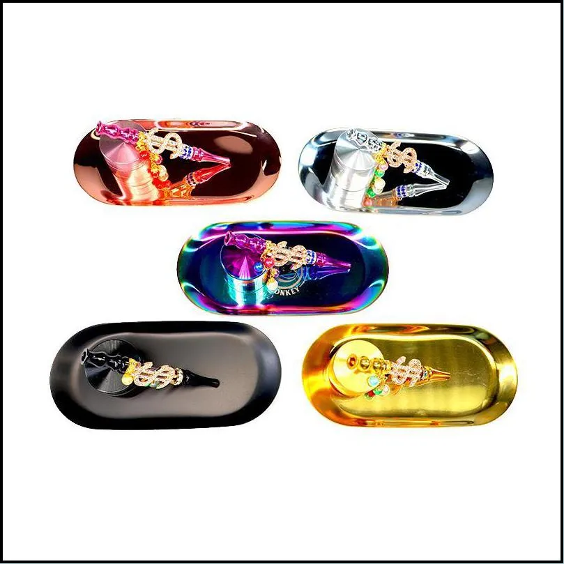new launched smoking set metal herb grinder rainbow rolling tray bling blunt holder RRA11909