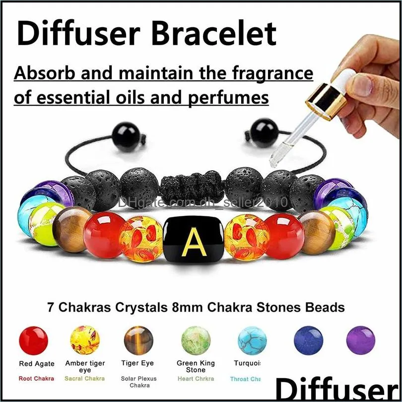 8mm lava rocks beaded strands bracelets 26 letter beads chakra bracelet for women healing stones essential oil diffuser yoga bangles 992