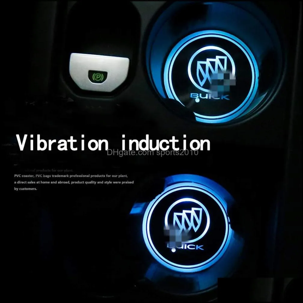 2pcs LED Car Cup Holder Lights for Buick, 7 Colors Changing USB Charging Mat Luminescent Cup Pad, LED Interior Atmosphere Lamp