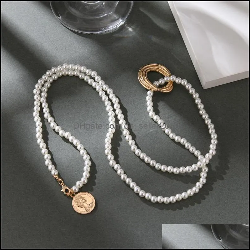 vintage imitation pearl wrap geometric metal necklace long pendant for women wedding party portrait coin necklaces jewelry gift 849 b3