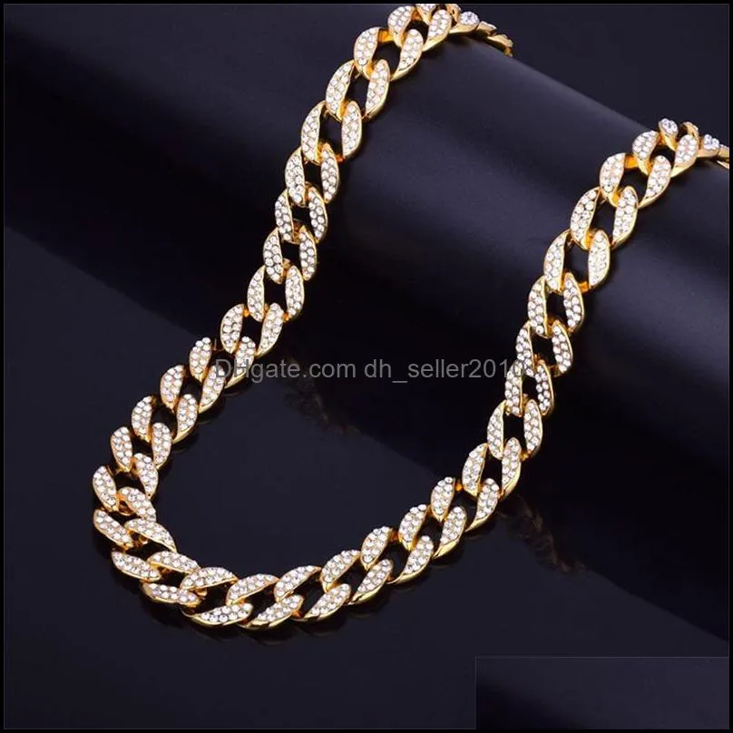 iced out bling rhinestone chains silver golden finish cuban link chain necklace 15mm mens hip hop necklace jewelry 16 18 20 24inch 637