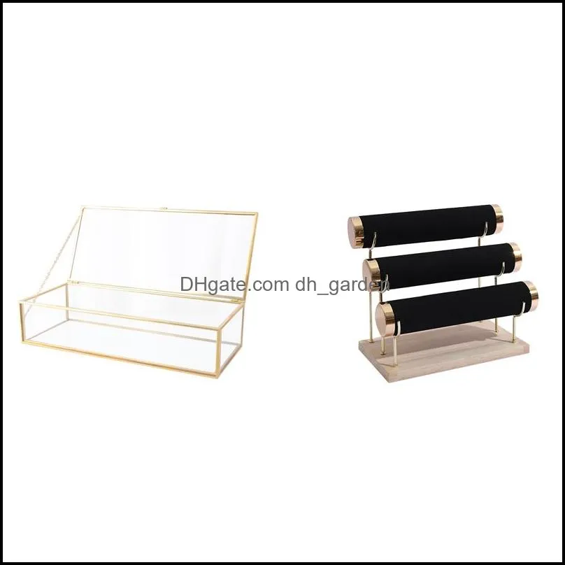 Jewelry Pouches Wooden Bottom Gold 3-Layer Watch Storage Rack Black & Simple Rim Glass Box