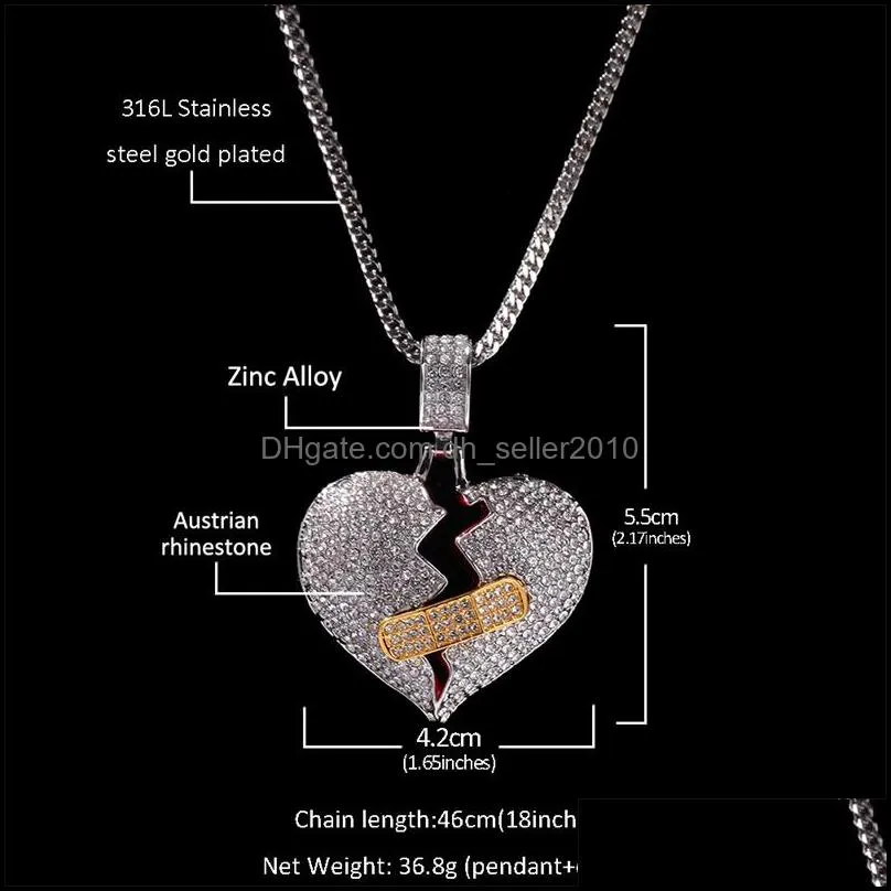 mens hip hop pendants necklaces iced out heart pendant necklace fashion broken bandage necklace jewelry 297 n2