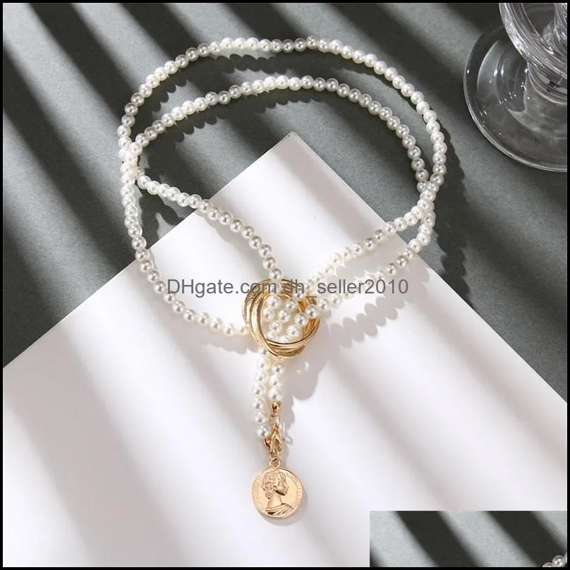 vintage imitation pearl wrap geometric metal necklace long pendant for women wedding party portrait coin necklaces jewelry gift 849 b3