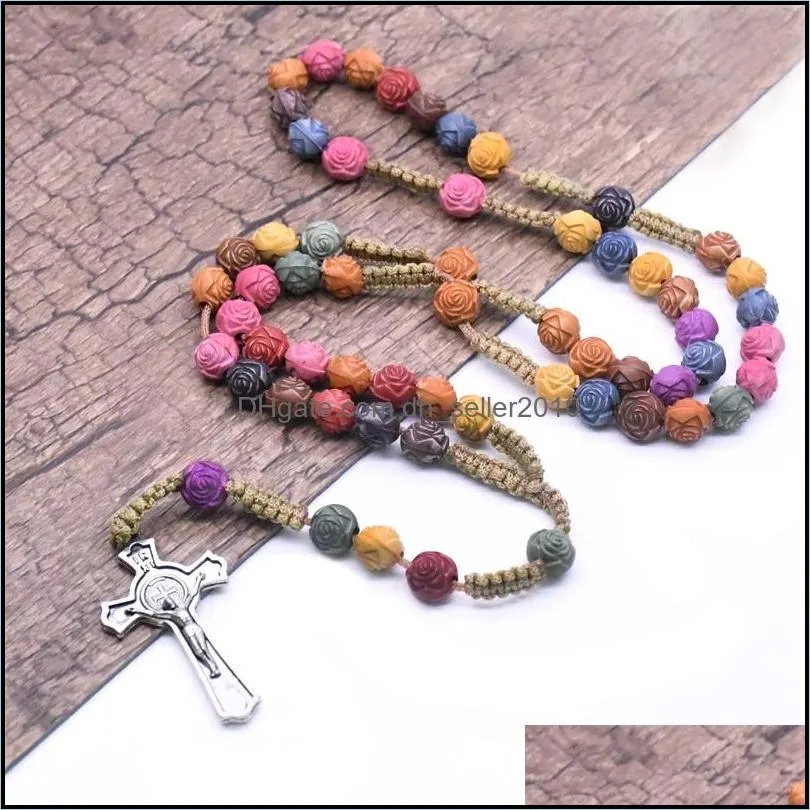 rose bead colored cross rosary necklace christ jesus religious handmade christian prayer jewelry 581 z2