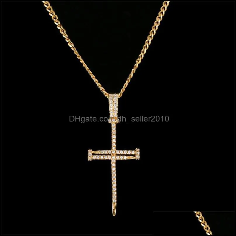 micro pave iced out cubic zircon nail cross pendant necklace jewelry with cuban chain or rope chain 293 n2