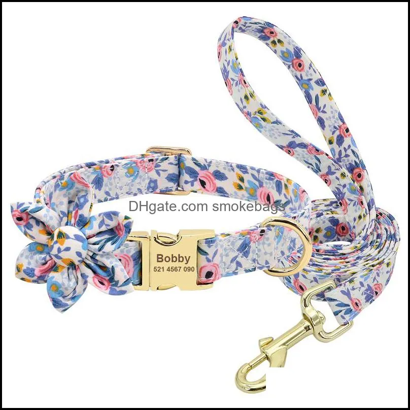 Custom Engraved Dog Collar With Leash Nylon Printed Dog ID Collars Pet Walking Belt For Small Medium Large Dogs Flower Accessory