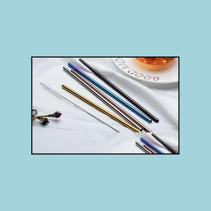 US STOCK !6*215mm 304 Stainless Steel Straw Bent And Straight Reusable Colorful Drinking Straws Metal Cleaner Brush Bar Drinking Tool