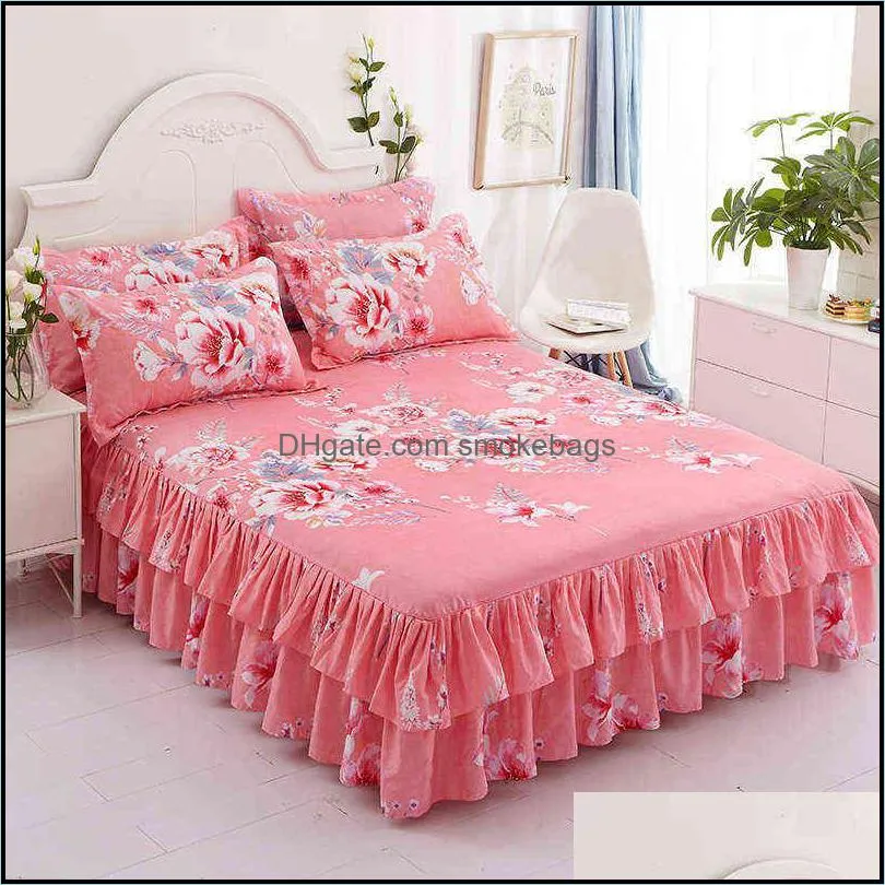 3pcs Bedspreads Double Bed Sheet Skirt 2 Seater Fitted Cover Linen Pillowcase Cotton Bedsheet Mattress Protector King Bedding 211224