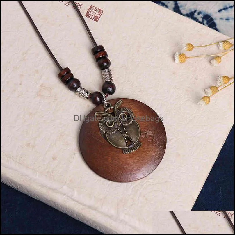 Ethnic Round Wooden Leaf Owl Long Sweater Chain Necklace Women Retro Clock Pendant Female Jewelry Neck Accsori Gifts Collar