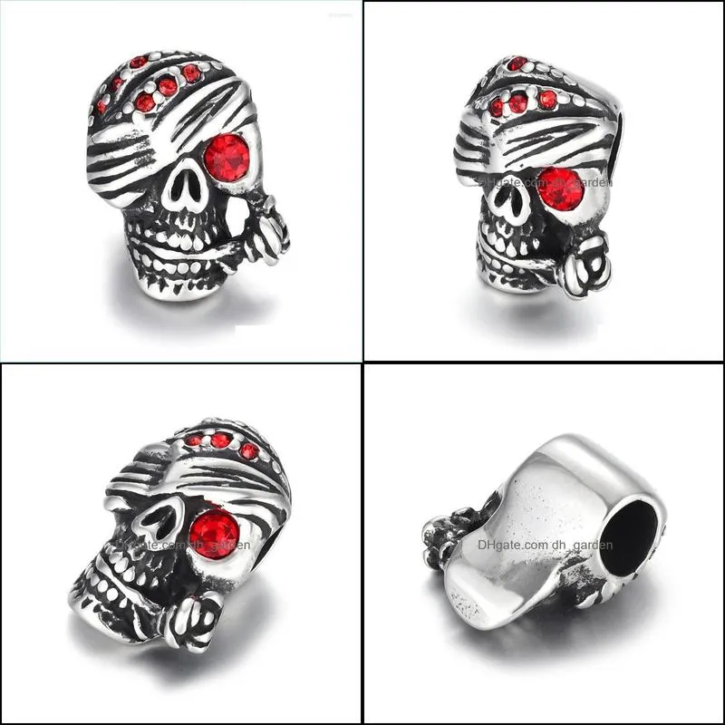 see pic Stainless Steel Skull Bead Red Zircon Polished 6mm Large Hole Beads Metal Charm Accessories For DIY Bracelet Jewelry Makingsee pic