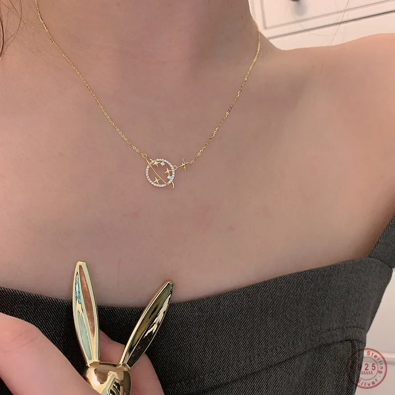 s925 sterling silver plated 14k gold necklace female korean simple temperament simple sequined bare chain clavicle chain