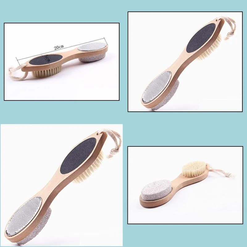 4-in-1 foot brush pumice stone steel file callus reducer foot scrubber natural boar bristle brush with natural wood